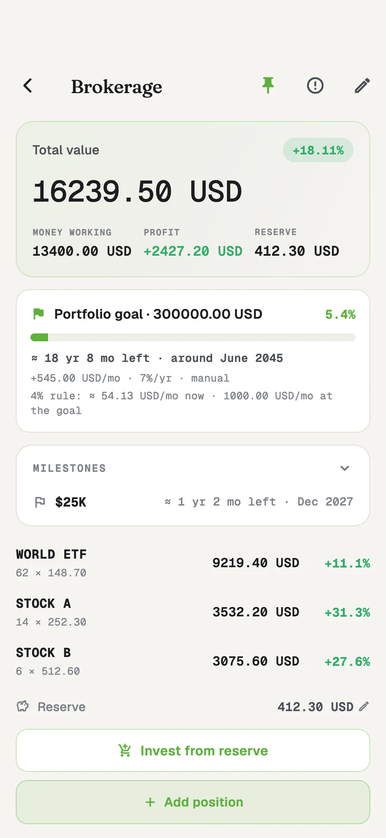 A brokerage account: total value, profit, a portfolio goal and three positions with their returns.